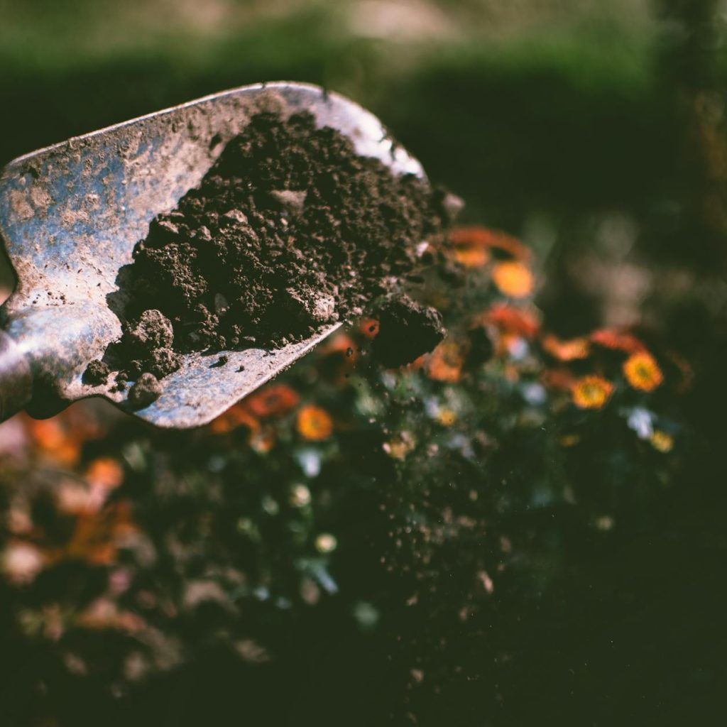 person digging on soil using garden shovel