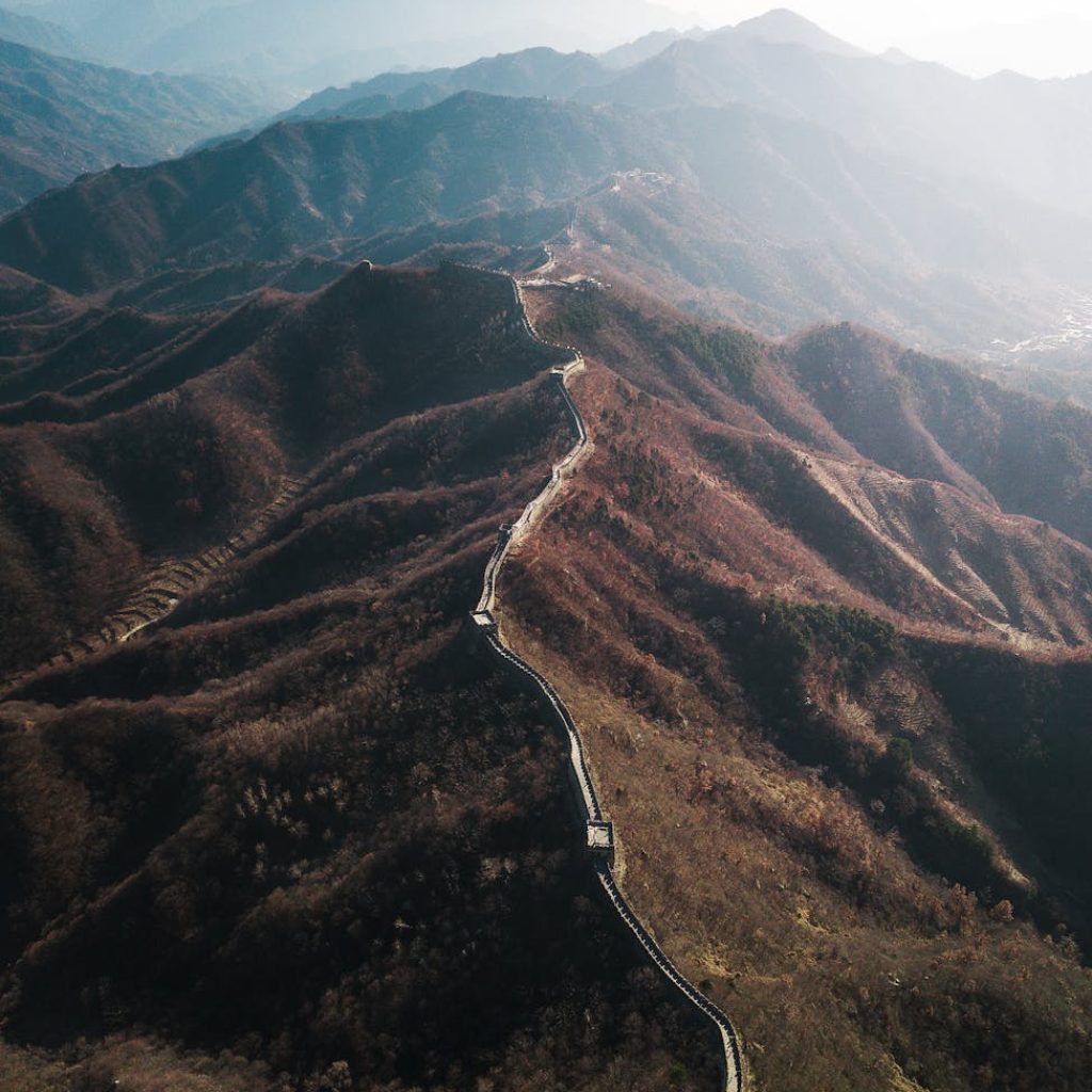 drone photography of the great wall of china