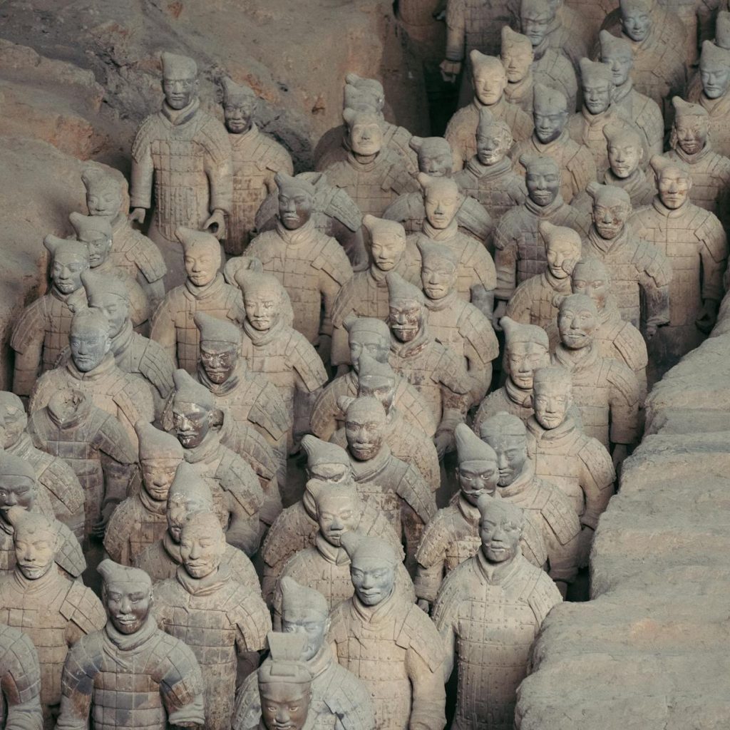 terracotta warriors in archaeological excavation