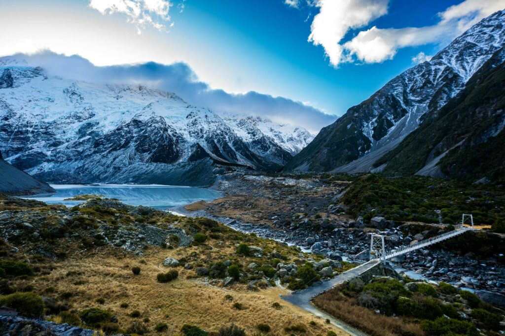 mountainous landscape with a bridge