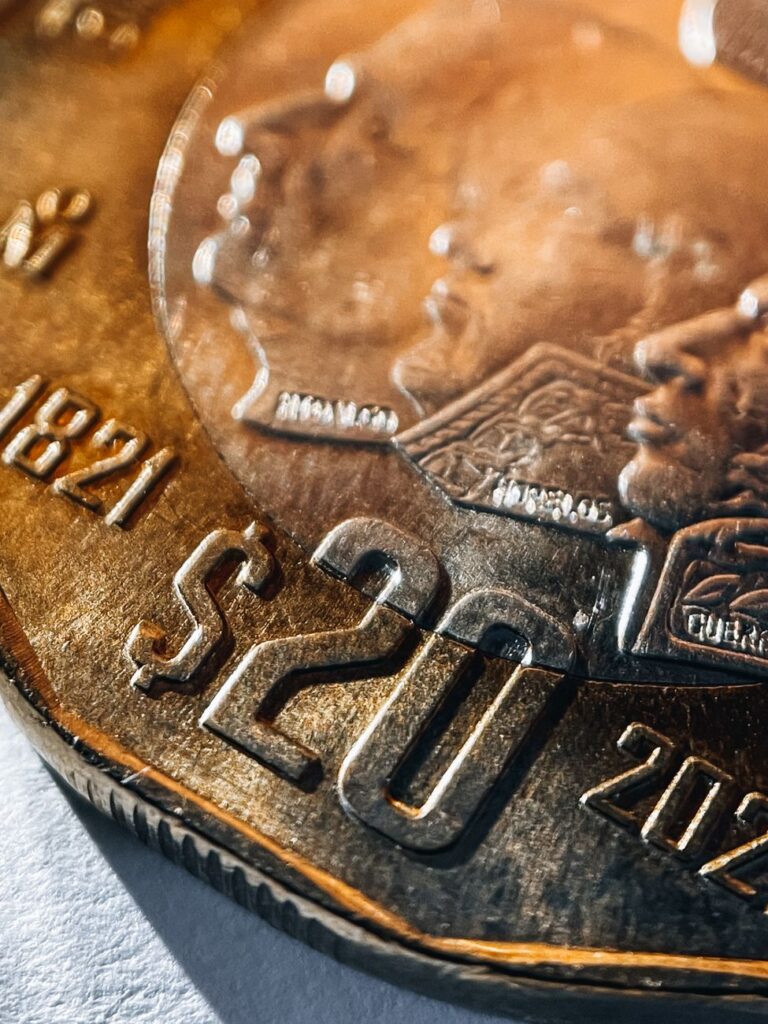 silver coin in close up photography